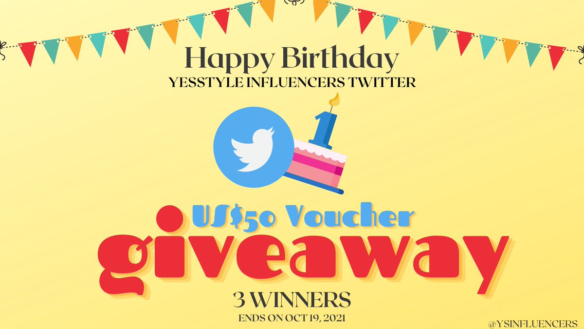 Happy Birthday to our Twitter! 🍰🎉 We're doing a GIVEAWAY to 3 lucky followers to win a US$50 YesStyle Voucher! 1. Follow YesStyle Influencers Twitter account 2. Retweet & Like this post 3. Tag 3 friends Giveaway ends on October 19, 2021 💖