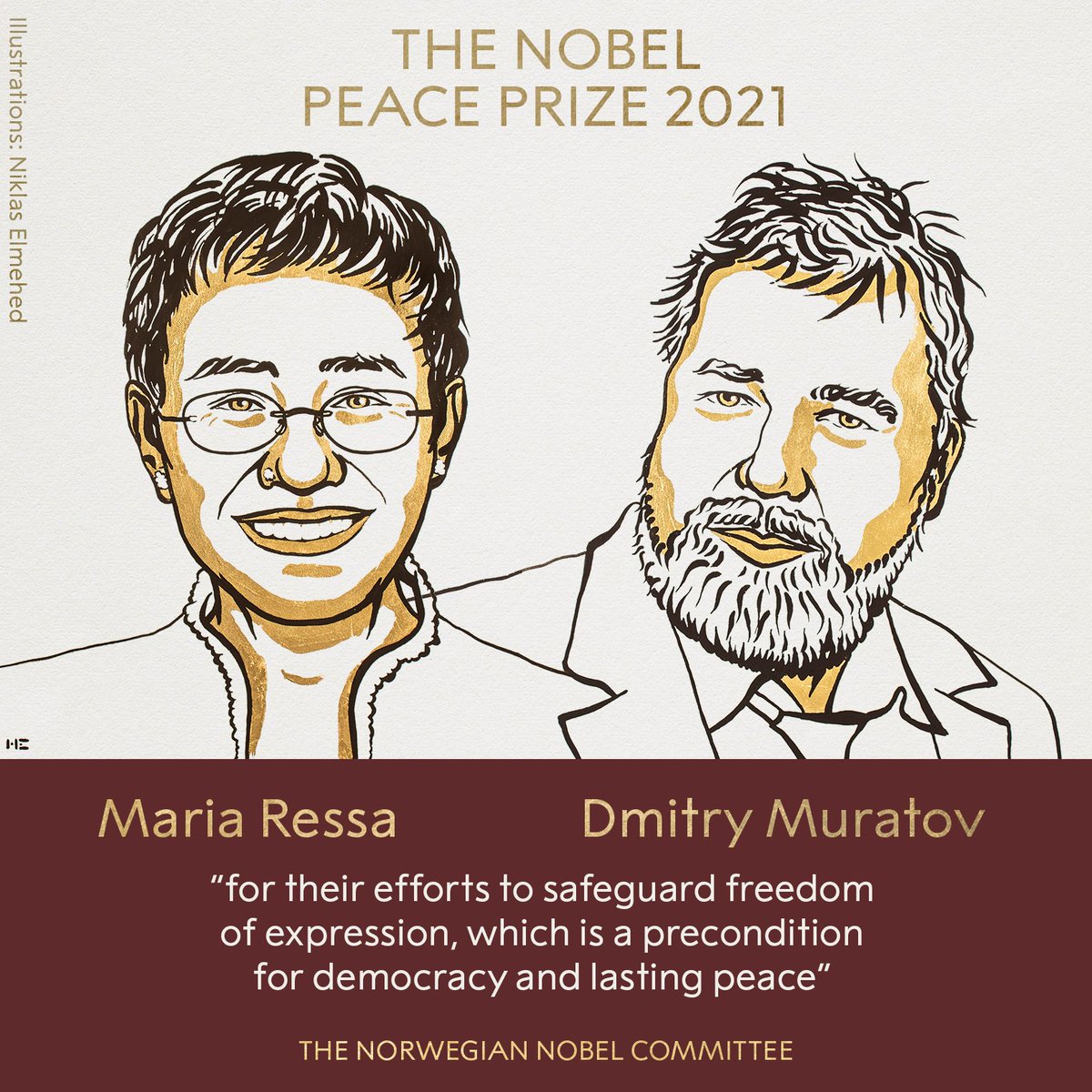 PooraniKhushhal's tweet photo. @NobelPrize BREAKING NEWS: 
The NNC has decided to award the 2021 Nobel Peace Prize to #MariaRessa and #DmitryMuratov for their efforts to safeguard freedom of expression, which is a precondition for democracy and lasting peace.

#NobelPrize #NobelPeacePrize https://t.co/YLWeAN0l17