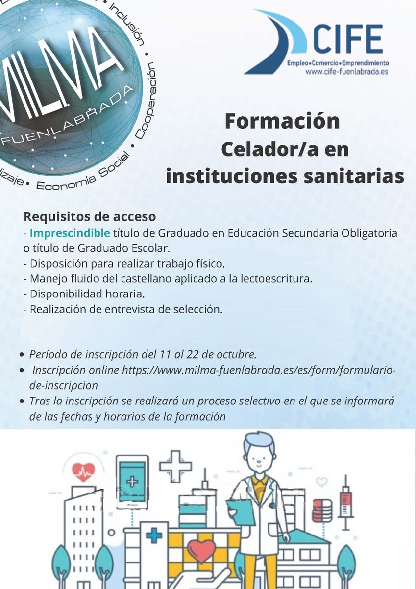 Buenos días.
Hoy os dejamos la información más detallada sobre la inscripción para la formación de "celador/a en instituciones sanitarias".
 ⏰ Esperamos vuestras inscripciones a partir del lunes 11