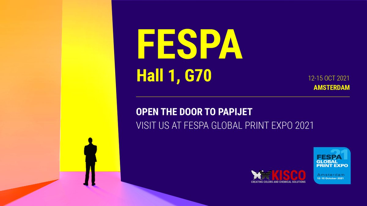 KISCOChem's tweet photo. KISCO is excited to confirm that we will be exhibiting at #FESPA2021 in Amsterdam next week. Our booth will showcase the latest products in our PAPIJET range of inks for Digital Textile and UV printing. 

#OpenTheDoorToPAPIJET
#BringingColourBack https://t.co/k7plo9TWnC
