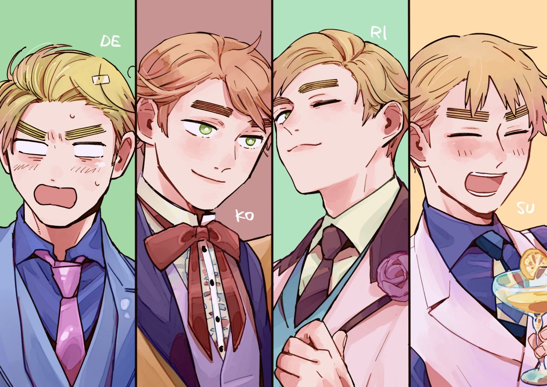 male focus necktie blonde hair smile formal cup multiple boys  illustration images