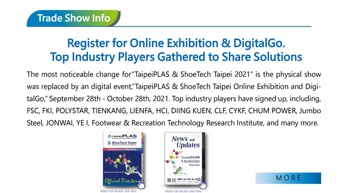 ShoetechT's tweet image. ShoeTech Taipei 2021 E-newsletter Vol. 4
▎MORE ➤ reurl.cc/ZjWg7a
DigitalGo for watching online and join in events are Overwhelmed!
Read more about the trade show info, the market outlook for #rubber and #shoemaking machinery.
#LeatherProcessing and #shoemaking
#ShoeTech