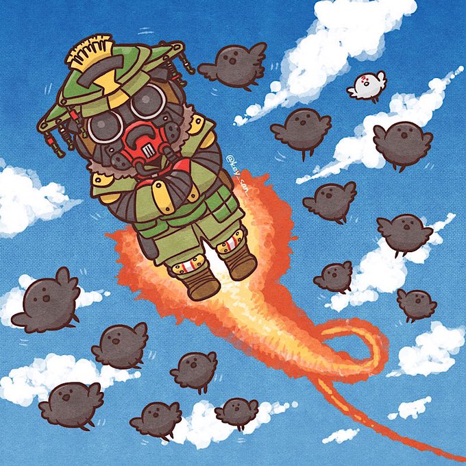 kaniさん(@honikanix )からのリクエスト交換で「たくさんのカラスと一緒にお空を飛ぶブラハ」でした!一番古いブラハのジャンプエモート(腕組みして一回転)が好きなのでそのイメージで描いてみました☺️ 