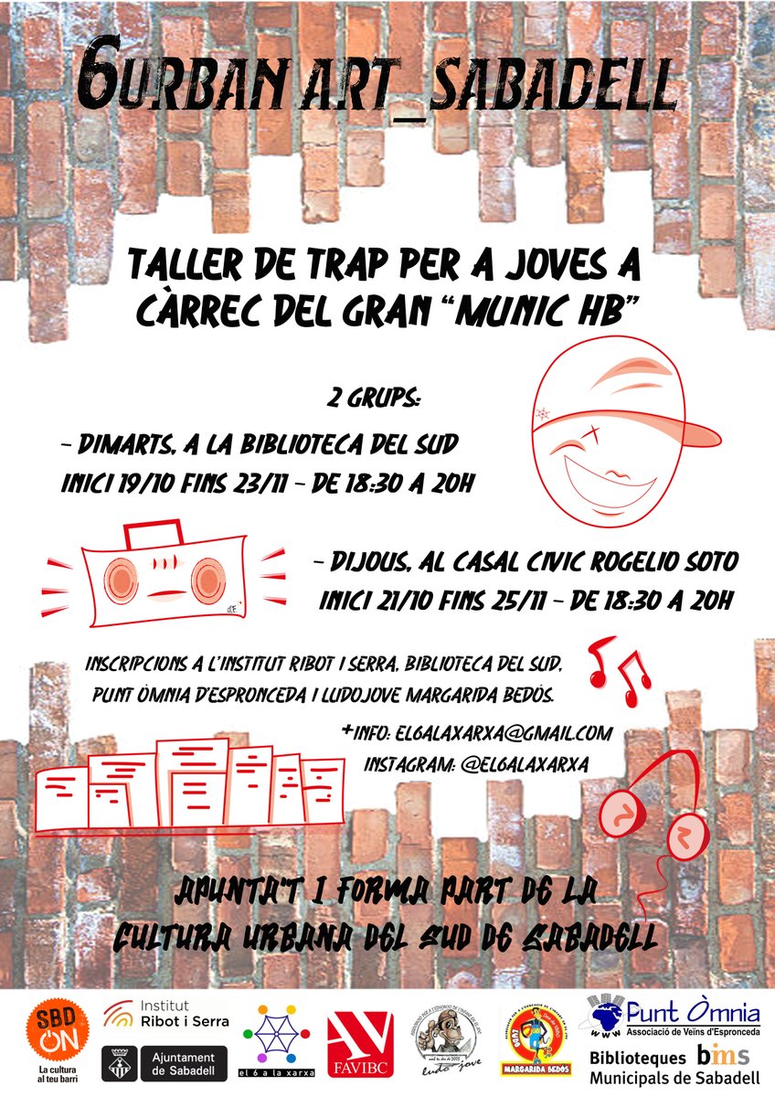 omniaespronceda's tweet photo. El #6UrbanArtSabadell comença fort, amb 2 tallers de trap per joves que vulguin aprendre aquesta nova música urbana.
Amb el gran @munic_hb com a profe, un luxe. Si esteu interessades, veniu a apuntar-vos aviat perquè les places són limitades.
Us hi esperem! 😎🤘🏽❤️🎶
#viuelsbarris https://t.co/TBiF7R8AEA