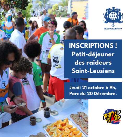 INSCRIVEZ-VOUS 📢 ! 
Petit déjeuner des raideurs Saint-Leusiens
Vous habitez #SaintLeu et vous participez à une 🏃🏽🏃🏼‍♀️ des courses du #GrandRaid ?
Rendez-vous le jeudi 21 Octobre à 9h dans le Parc du 20 Décembre.
Inscription : saintleu.re/actualite/insc…