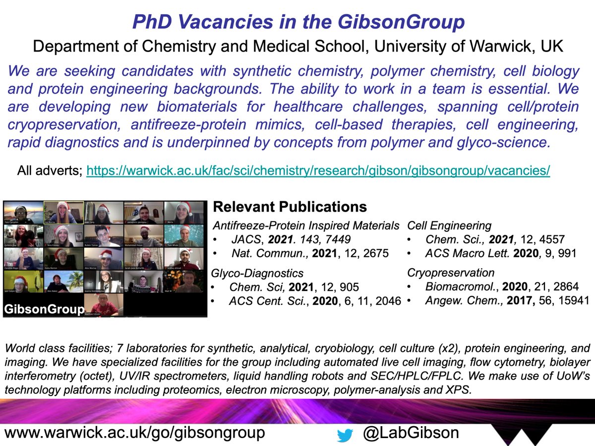 Matt Gibson (@labgibson) on Twitter photo Come and join our team <a href="/warwickchem/">Warwick Chemistry</a> <a href="/BMSatWarwick/">BioMedSci Warwick</a> . PhD vacancies for 2022 entry are online (+fellowship opportunities). warwick.ac.uk/fac/sci/chemis… We offer a friendly + fun environment, with great facilities and collaborators. Come and join our team <a href="/warwickchem/">Warwick Chemistry</a> <a href="/BMSatWarwick/">BioMedSci Warwick</a> . PhD vacancies for 2022 entry are online (+fellowship opportunities). warwick.ac.uk/fac/sci/chemis… We offer a friendly + fun environment, with great facilities and collaborators.