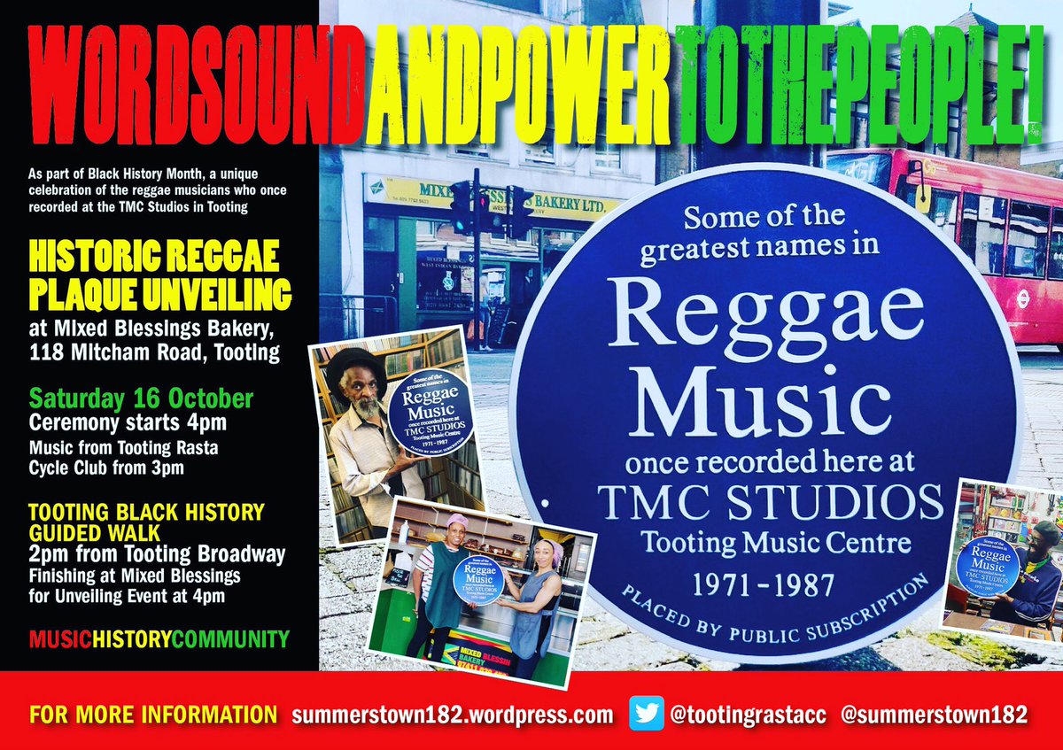 summerstown182's tweet image. An unmissable #Tooting double for #BlackHistoryMonth Reggae music &amp;amp; the soft, sweet aromas from #MixedBlessingsBakery welcome you to the unveiling of a historic blue plaque ❤️💛💚 Sat 16 Oct 2pm #TootingBlackHistoryWalk 4pm #PlaqueUnveilingCeremony