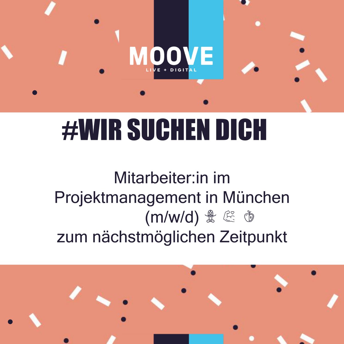 #Wegbegleiter gesucht!
Zur Verstärkung unseres Teams in #München suchen wir ab sofort eine:n Mitarbeiter:in im #Projektmanagement (m/w/d).
Mehr auf:
my-moove.de/jobs
#Job #BGM #GesundeArbeit #Munich #MOOVEGmbH