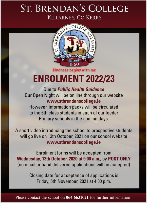 Our Open Night is an on-line event on Wed, 13th Oct @ 6:30 p.m. Prospectus Pack delivered to each school in our catchment in coming days. View our TY "Spirit of the Sem" short film from 1pm Wed next. Both the Open Night talk &amp; Film will be available on stbrendanscollege.ie