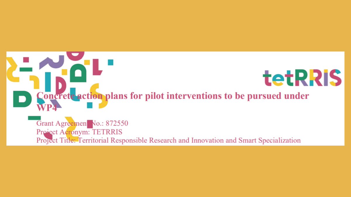 📢New results out! 

"Concrete action plans for pilot interventions to be pursued under WP4".

Our deliverable presents what will be done to
address territorial uptake of #RRI in the context of ongoing or not yet started activities in the pilot
regions.

📕tetrris.eu/project-result…