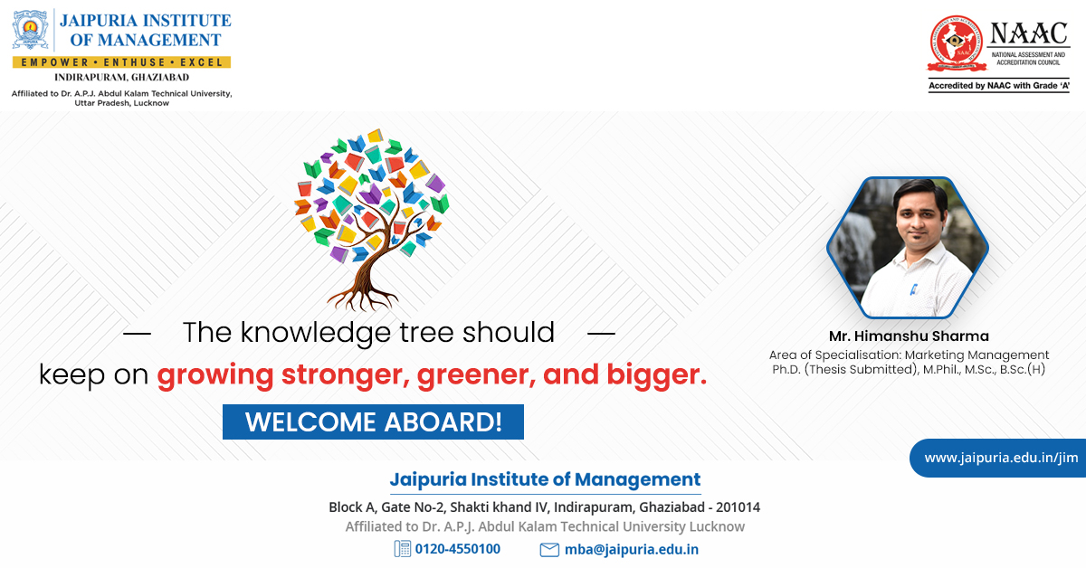 JaipuriaMBA's tweet photo. We welcome Mr. Himanshu Sharma to the JIM fraternity.
Let's add more twists and turns to the marketing lessons!
Welcome to the family!
#JaipuriaInstituteofManagement #Indirapuram #NewFaculty #Faculty #Experience #Welcome #Marketing #MBA #LearnWithJaipuria #ManagerInYou https://t.co/zVdpSAxoDU