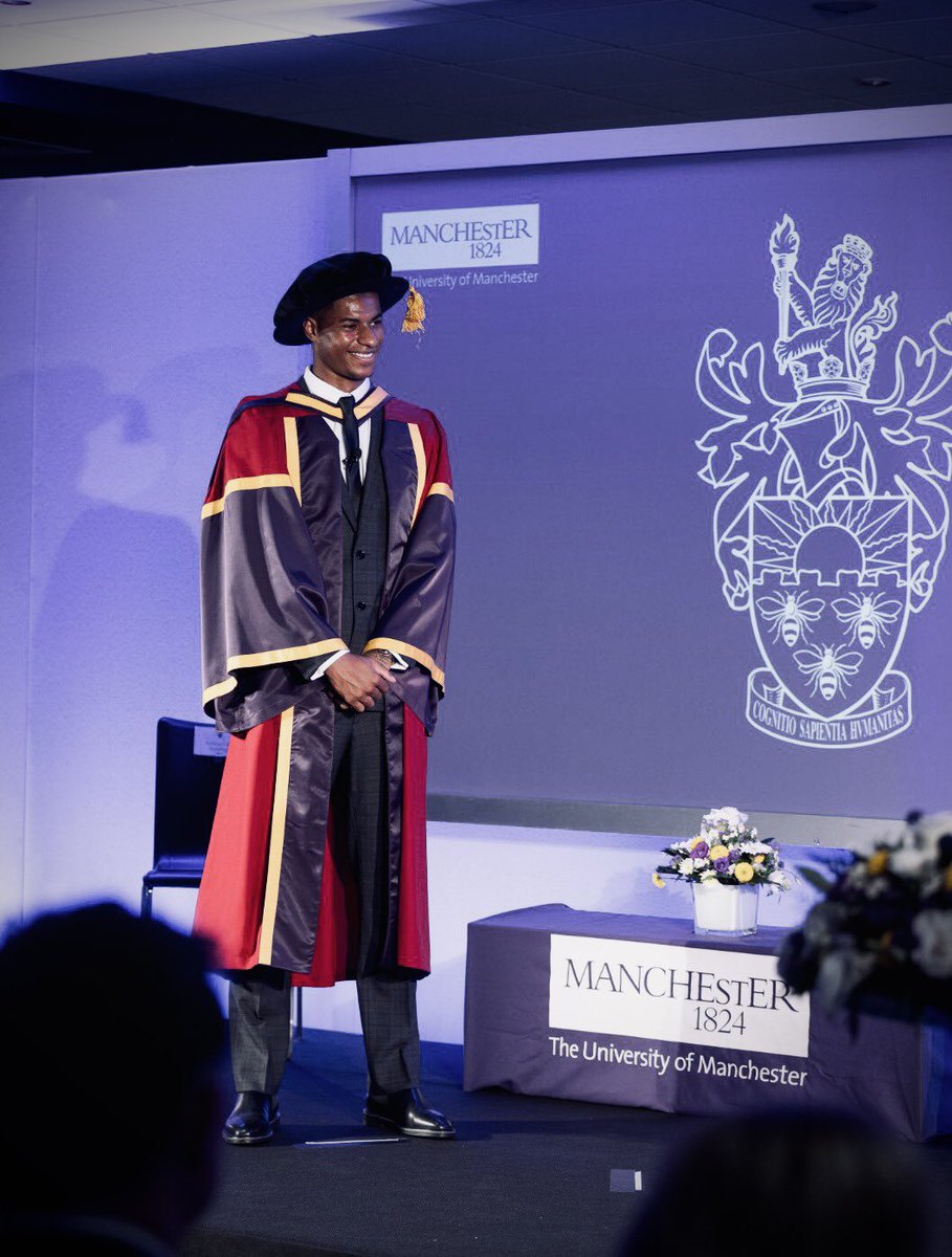 _Nick's tweet photo. - Raised £20m for @FareShareUK 
- Forced £400m Government pledge
- Helping Manchester's homeless
- Promoting positivity with @UNICEF
- Launched children's book club
- Stood up to online racism and abuse
- Youngest @OfficialUoM honorary degree

Dr @MarcusRashford MBE. 🎓 https://t.co/GWgjFoX1O2