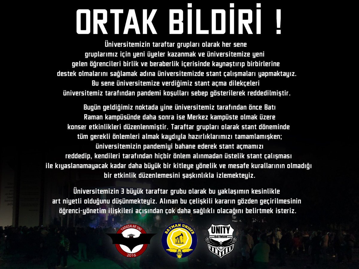 Taraftar gruplarının ortak bildirisidir. Kamuoyuna saygılarımızla !
@batman_univ
<a href="/idris_prof/">Prof. Dr. Idris Demir</a>
@SksBatu