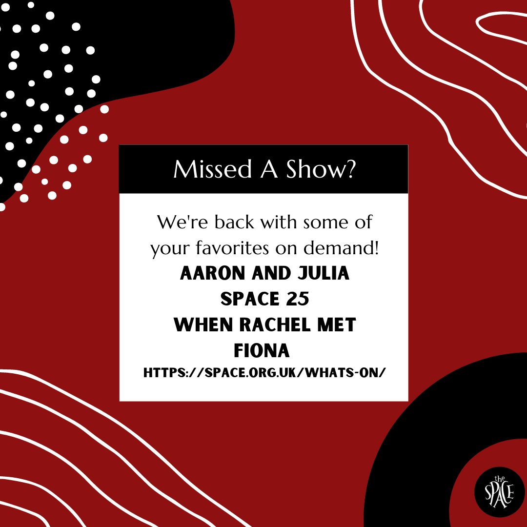 Missed a show? The Space is bringing some of your favorites to on demand! Now you too can see Aaron and Julia, Space 25, and When Rachel Met Fiona!! ❤️🖤