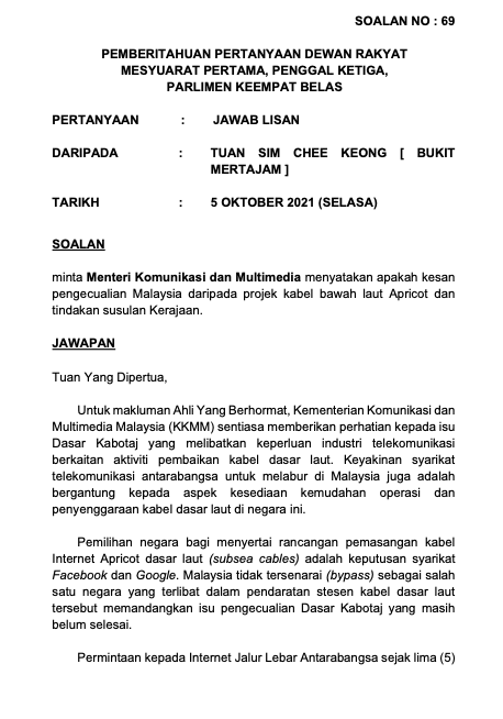 Emmanuelsamarathisa On Twitter Did The Debacle Over Malaysia S Cabotage Exemption Policy Result In Us Being Left Out Of The Facebook Google Apricot Internet Subsea Cable Project This Government Seems To Think So Https T Co 1urpezf7zs