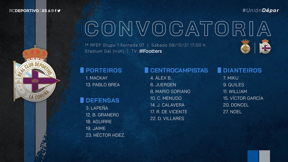 RCDeportivo's tweet photo. #OsNosos convocados para o partido de mañá ás 17:00 h. no StadiumGal: #UniónDépor (📺 @Footters) https://t.co/YEJ45rwsfL