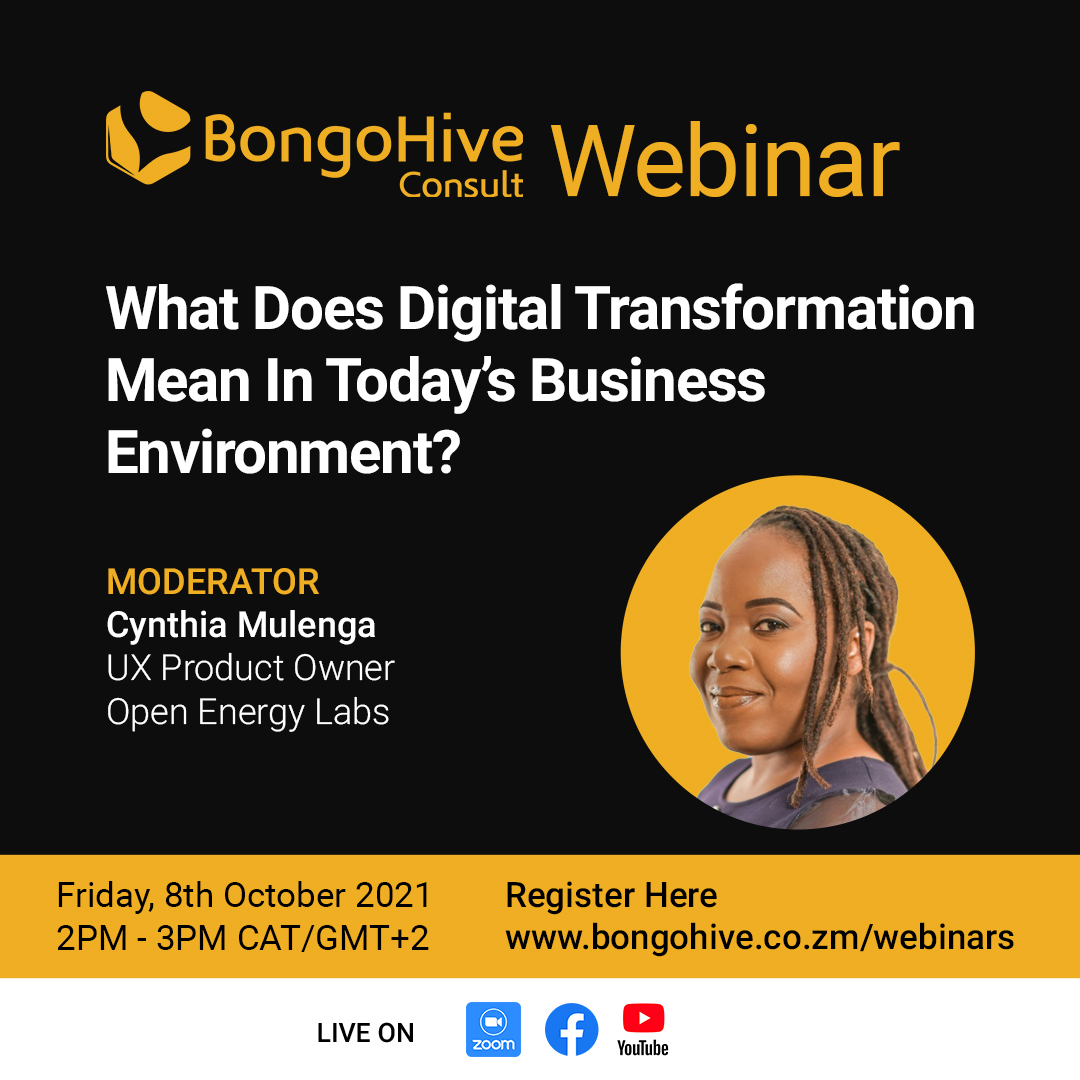 Consult_BH's tweet image. The BongoHive Consult Webinar is on today at 2 PM CAT.

We will be discussing what digital transformation means in today&apos;s business environment.

Our moderator is @PythonKhaleesi, UX Product Owner @openenergylabs.

Register here: bit.ly/2YaFioW