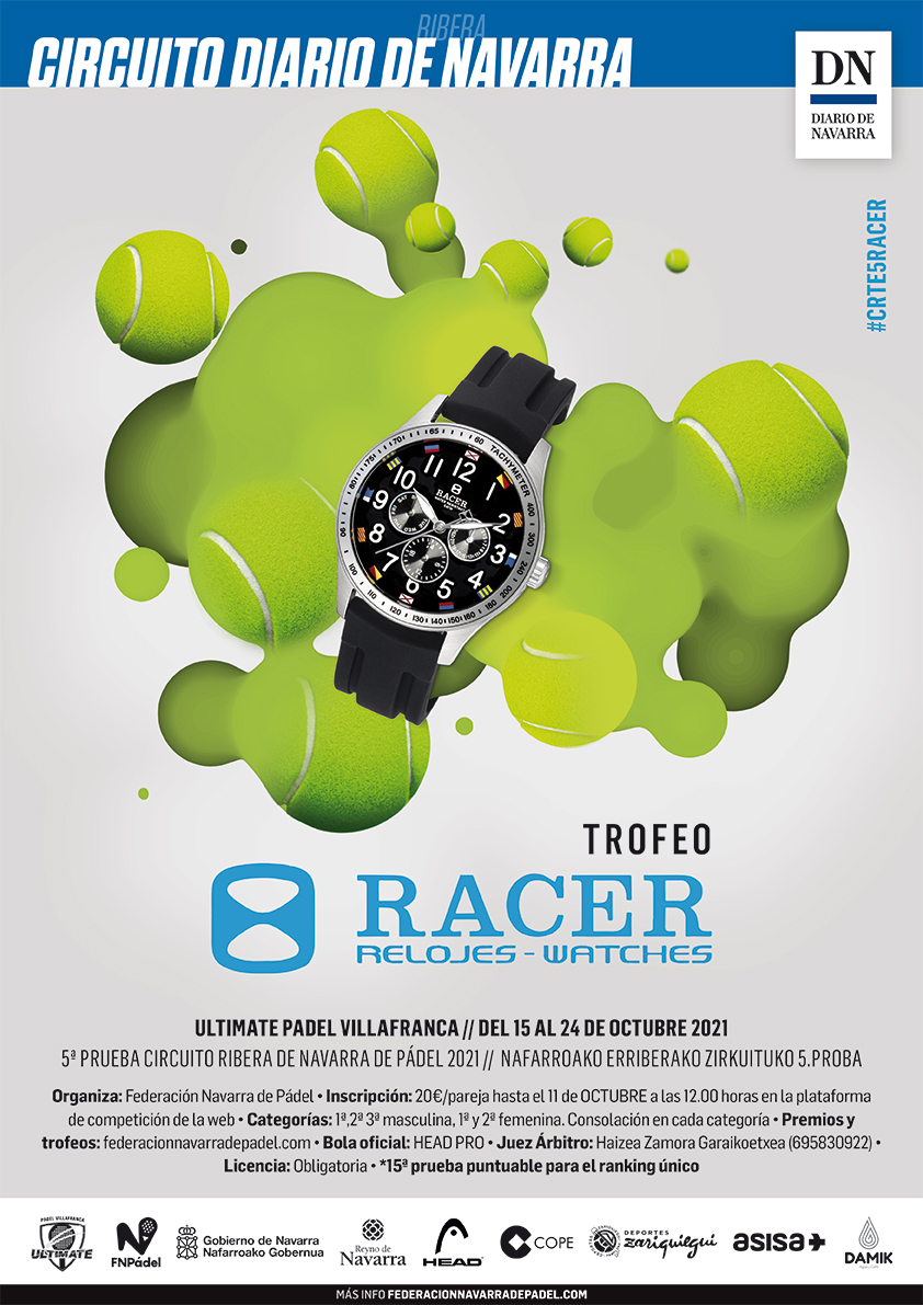 📢📢 ¡ÚLTIMAS⏱️⏱️DE INSCRIPCIÓN para disputar la 5ª PRUEBA CIRCUITO RIBERA NAVARRA Y TIERRA ESTELLA DE PÁDEL 2021 - TROFEO @racer_relojes!
📍 ULTIMATE PÁDEL VILLAFRANCA
📅15-24 OCTUBRE
📝Apúntate hasta el 11 de OCTUBRE a las 12h pinchando AQUÍ👉bit.ly/3mbKnpw
#CRTE5RACER