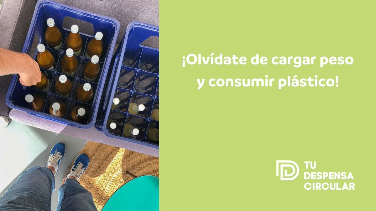 TuDespensa's tweet photo. Nos ocupamos de todo, para que no tengas que preocuparte por nada. Te llevamos tu compra y venimos a buscar los envases retornables. #economiacircular #zerowastemadrid https://t.co/858ulWO5wR