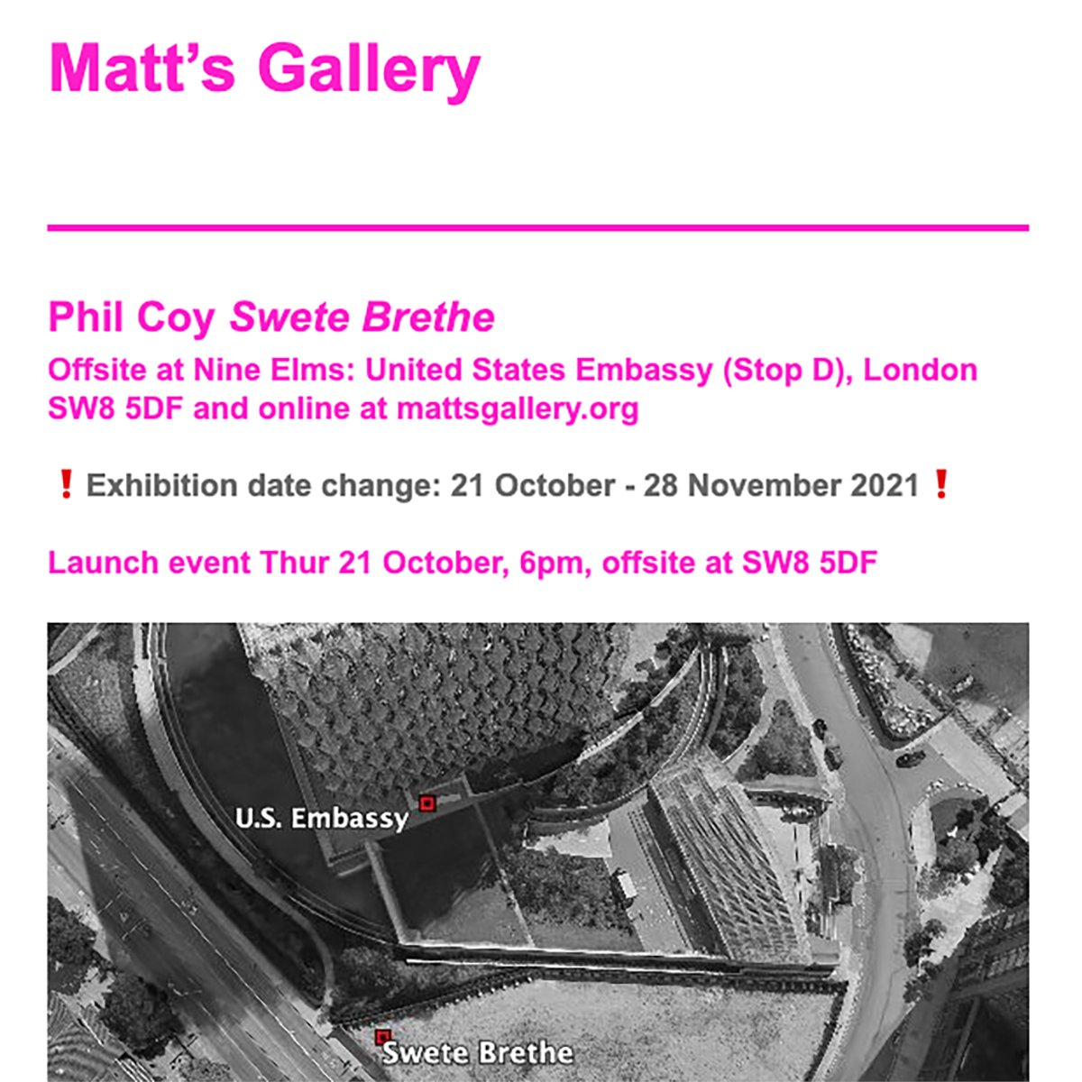 MattsGallery's tweet photo. ❗@PhilCoy Swete Brethe exhibition date change: 21 October - 28 November 2021❗

🗓️ Please join us for the launch event on Thur 21 Oct, 6pm, offsite at SW8 5DF. 

Followed by drinks at local neighbourhood bar @DarbysLondon. https://t.co/y7NiNulFba