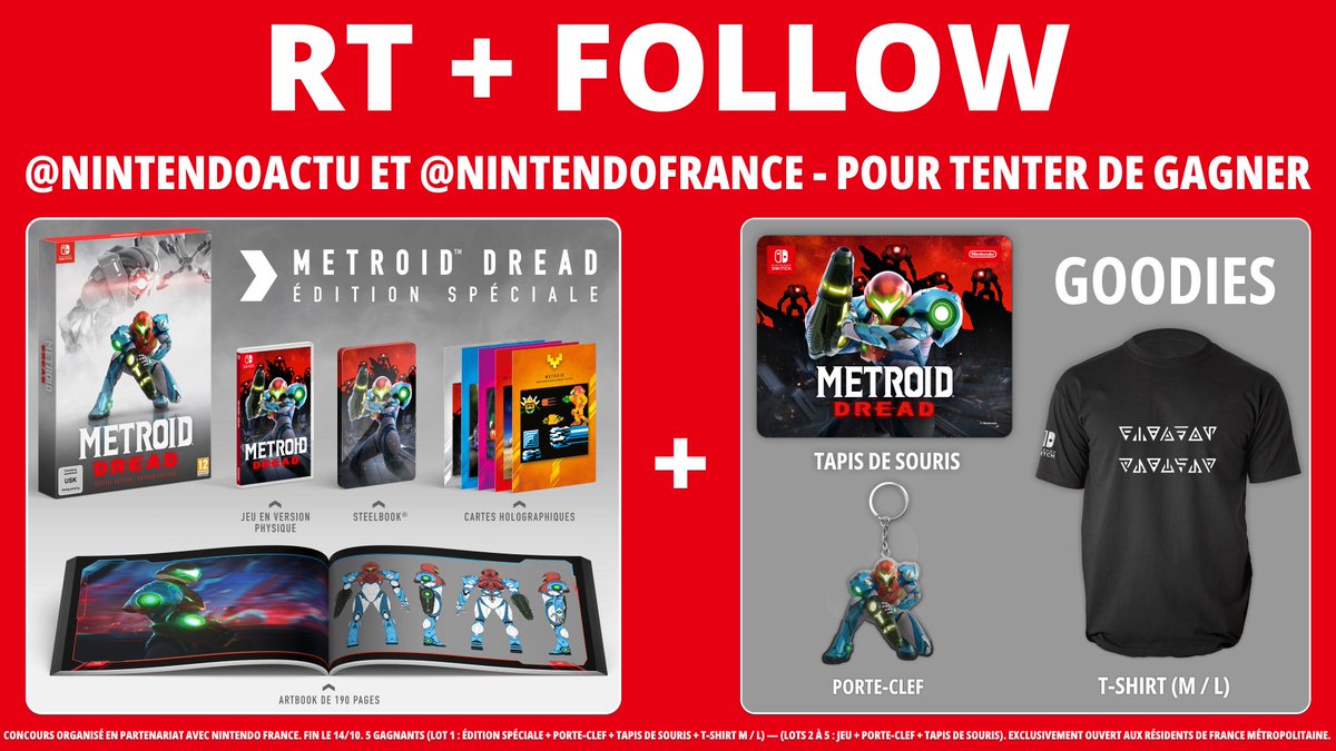 NintendoActu's tweet photo. [CONCOURS] Follow @NintendoActu et @NintendoFrance + RT + tag 1 ami(e) pour tenter de gagner l'Édition Spéciale de Metroid Dread + des goodies !

🎁5 gagnants ! Fin le 14/10 (Lot 1 : éd. spé. + porte-clé + tapis souris + t-shirt M/L) – (Lot 2 à 5 : jeu + porte-clé + tapis souris) https://t.co/S1YPVt8Ve6