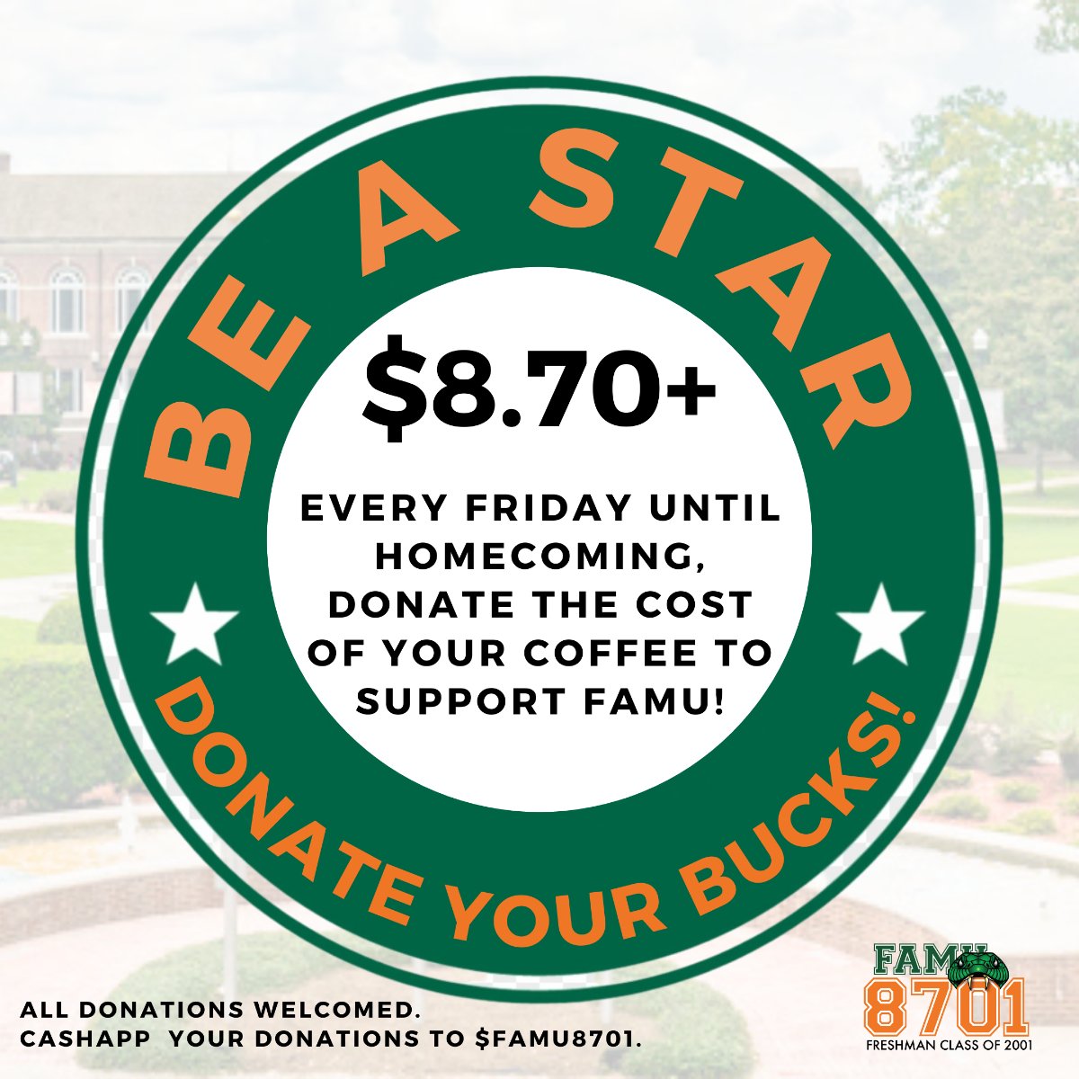 FAMU8701's tweet photo. Don't forget that every Friday we are skipping the coffee and donating our coffee bucks to FAMU! To participate, save this post and share it with your friends and family. Every buck counts and all donations welcomed. $FAMU8701

#FAMU8701 https://t.co/k9NqUWr1CU