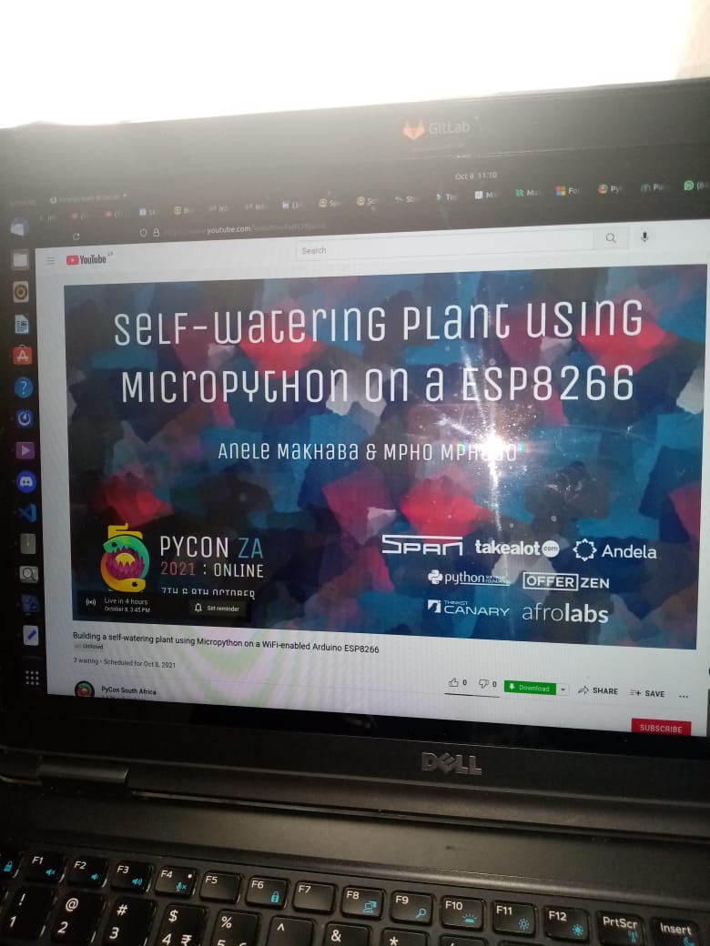 AneleMakhaba's tweet photo. Gave my first official talk today titled "Building a, self watering plant using micropython on a WiFi enabled arduiono esp8266" @pyconza Super proud moment. Thanks @offezen @code27_ and @MphoMphego
#PyConZA2021 #OfferZenswag
#OfferZenMake https://t.co/DhOPLYo8QZ