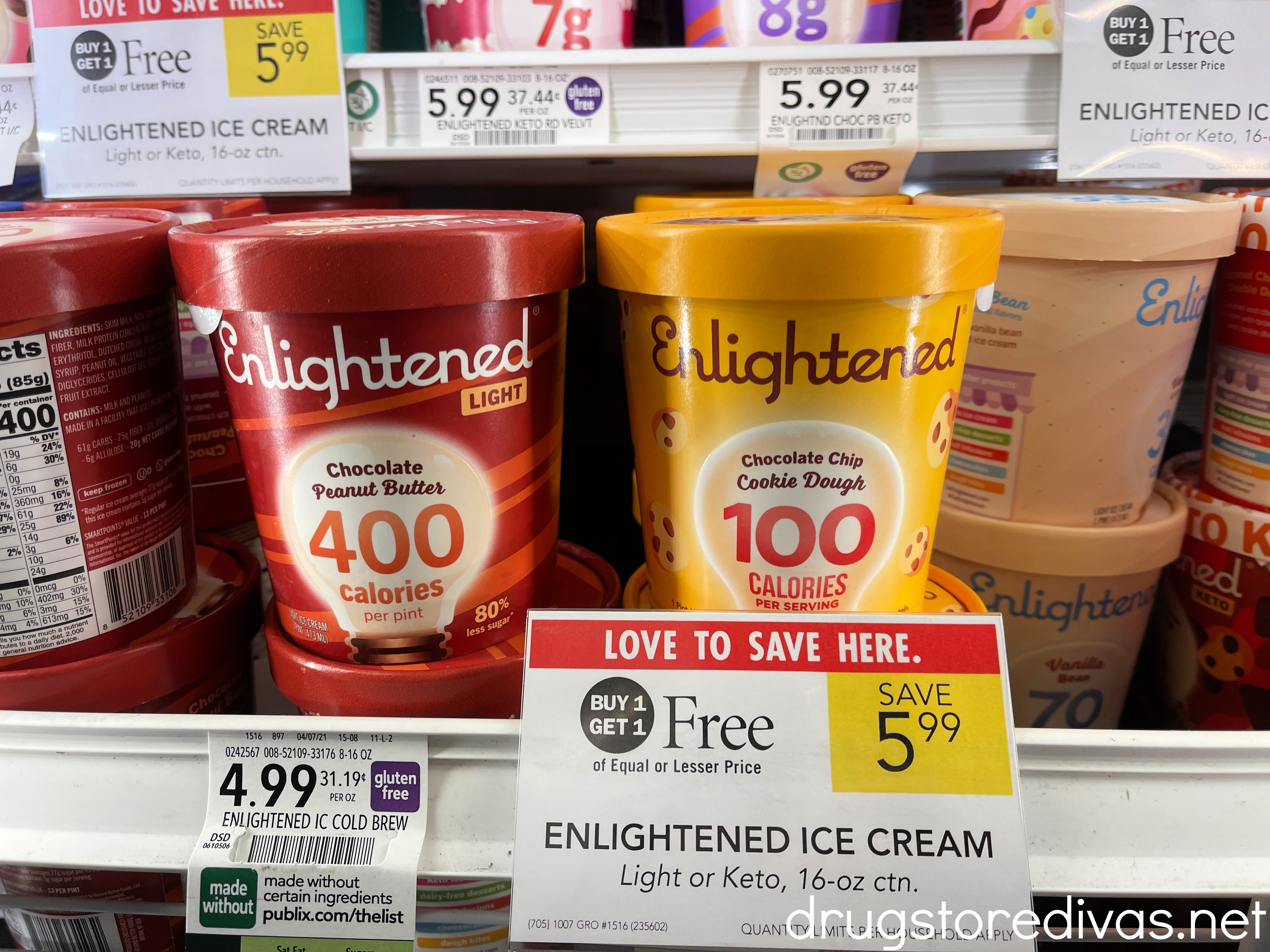 Enlightened Ice Cream pints on a shelf in Publix.