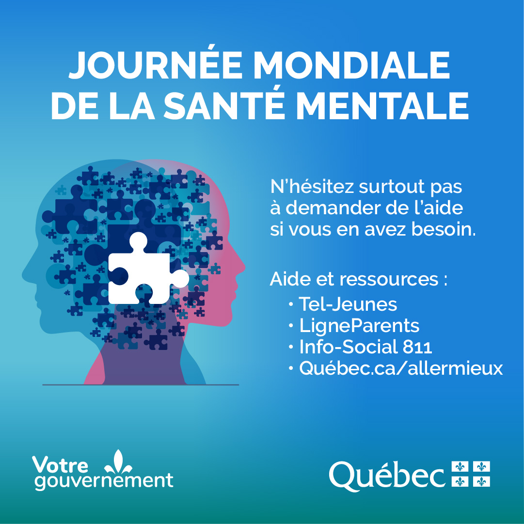 francoislegault's tweet photo. C'est la Journée mondiale de la santé mentale. Profitez de votre longue fin de semaine pour prendre soin de vous et de vos proches. C’est l’occasion de se parler et de s'entraider. Des ressources existent si vous en avez besoin. https://t.co/0FfVwVbCHI