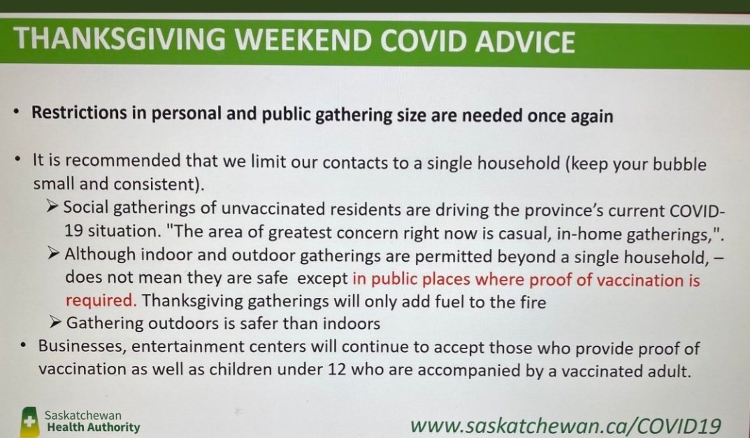 awong37's tweet photo. Excellent advice @SaskHealth for #SK citizens this Thanksgiving w/e.

✅ Limit indoor groups to ONE household.
✅ Keep bubbles as tight as able.
✅ Do as much as you can OUTDOORS.
✅ Extra caution if households includes kids < 12, immuno-compromised persons.

Be safe, #SK. https://t.co/DOFGWnqsYN
