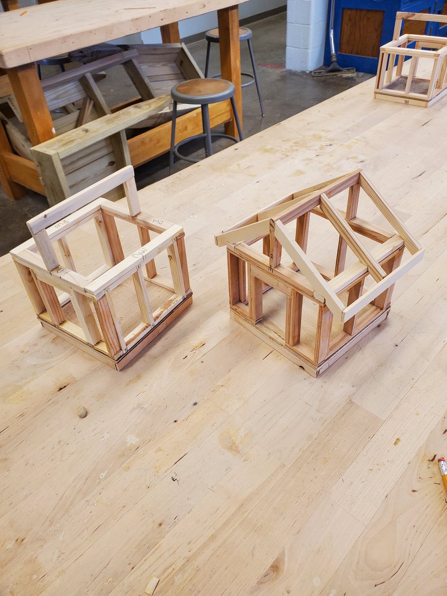AWHS_IndTech's tweet photo. Construction Technology students working on their model dog houses. Learning basic stud layout as well as terminology for construction.  These models will become full size in a few weeks. https://t.co/ozNUpIZlxN