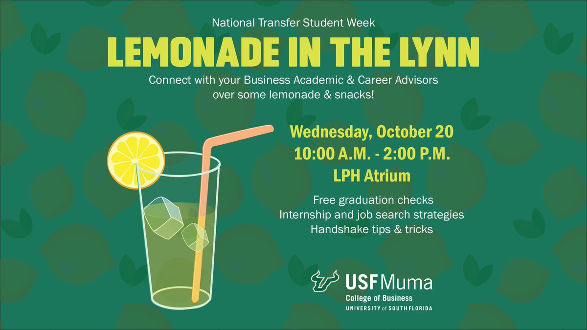 Join the Undergraduate Program office in St. Pete next week for Lemonade in the Lynn! 🍋
Don't miss a great chance to meet with Business academic and career advisors and grab a refreshing drink and tasty treat! No registration is required. See you then! 🤘