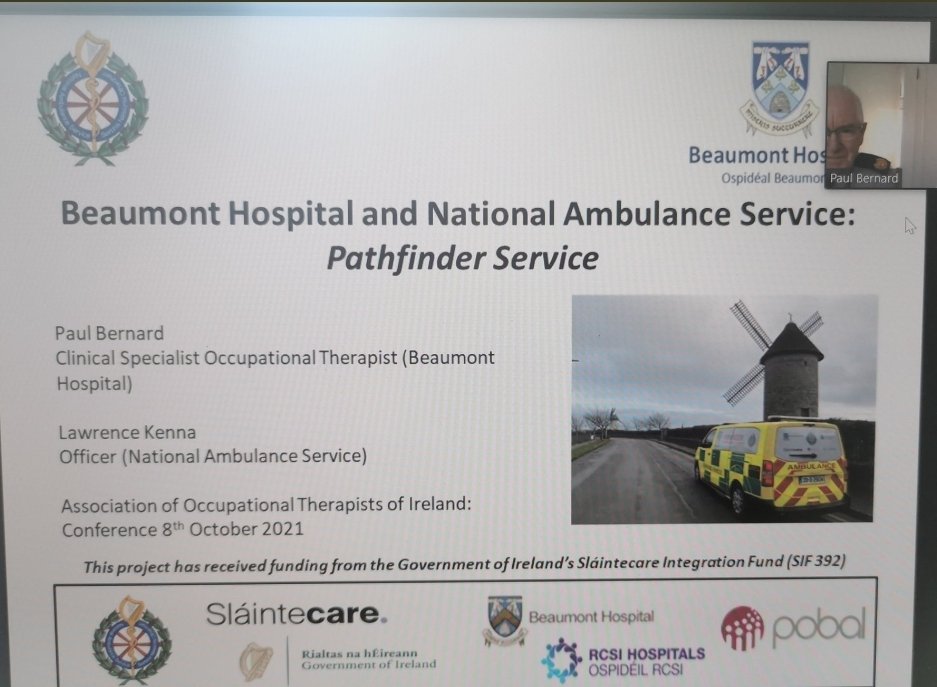 PathfinderACP's tweet photo. Pathfinder delighted to present @AOTInews #AOTI2021 conference. @Beaumont_Dublin OTs &amp; Physios and @AmbulanceNAS @DubFireBrigade Advanced Paramedics reflecting on all we have learned together over the past 4 years, in how to safely manage older 999 callers at home @slaintecare https://t.co/x0leRMHBKS