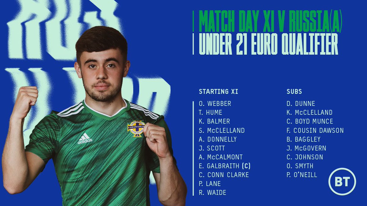 NorthernIreland's tweet photo. 💚 This is how our U21s line up against Russia 🙌 KO 5pm UK time ⏰ #GAWA #U21s https://t.co/TIgLCWFHlX