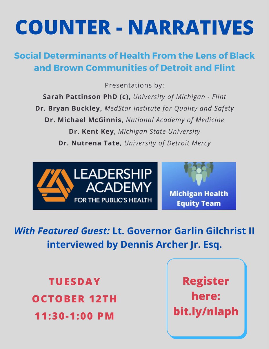 MiPublicHealth's tweet photo. Learn more about the health issues facing the people of Detroit and Flint and how you can help. Join us on October 12 at 11:30am to hear from expert panelist Dr. Nutrena Tate who will discuss education as a social determinant of health. Register here: https://t.co/lI0lfeGN3s https://t.co/I52c1sdcSH