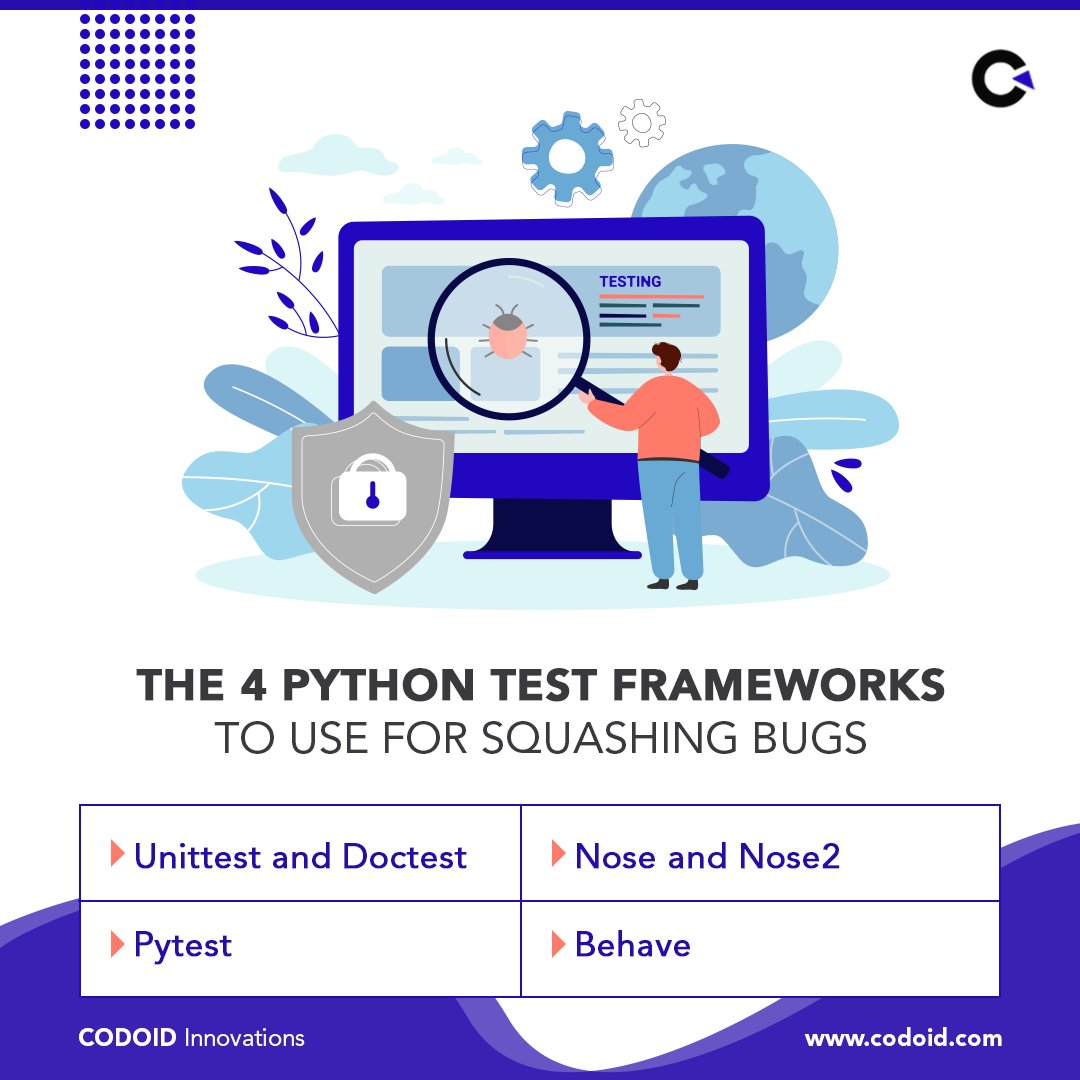 codoid's tweet image. The 4 Python Test Frameworks to use for squashing bugs

1. Unittest and Doctest
2. Pytest
3. Nose and Nose2
4. Behave

#codoid #codoidinnovations #pythonframework #qacompany #softwaretestingcompany #pythontest #bugsfixing #qualityassurance #qaservices