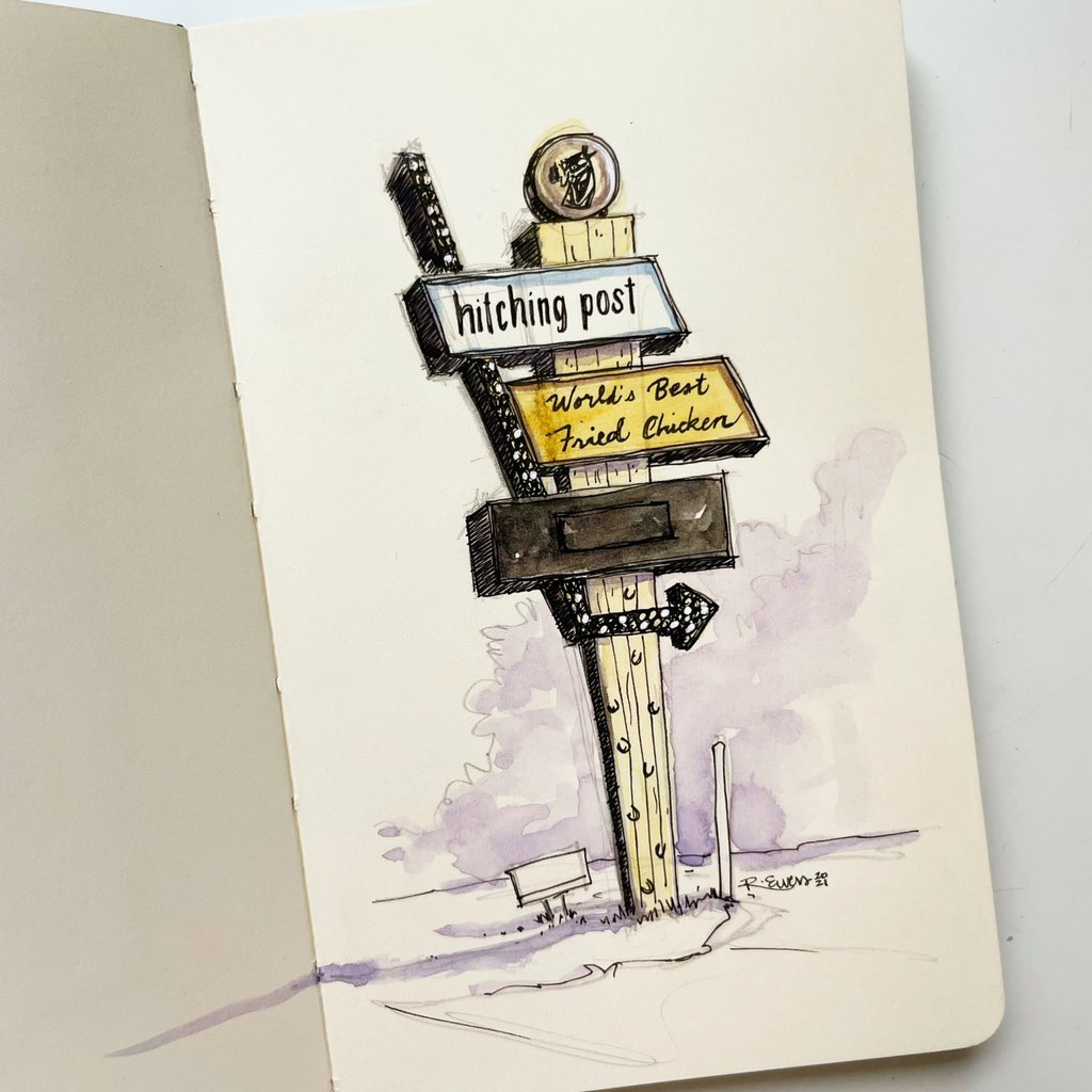 rewersdesigns's tweet photo. Love driving by this sign down on Kellogg!
•
#hitchingpost #worldsbestfriedchicken #art #artist #vintagesigns #cincinnati #ohio #watercolor #watercolorart #painting #sketchbook #sketch #moleskineart #moleskine #drawing #eastend #chicken #friedchicken #cincinnatiartist https://t.co/cDJVPDa1N6