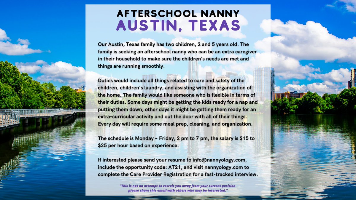 Are you interested? Do you know someone who might be? Interested candidates should. please send us a copy of your resume and include the opportunity code listed in the graphic. We look forward to connecting with you.

#Austin #Texas #NannyJob #NannyWanted #NowInterviewing