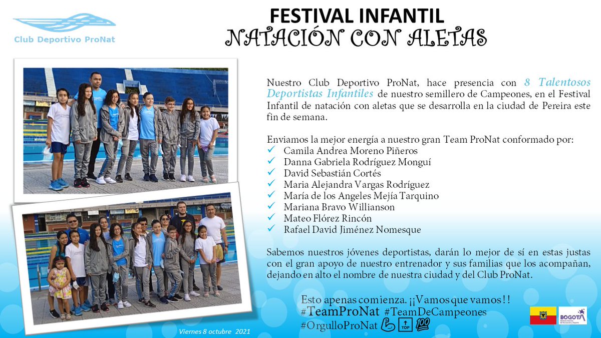 TeamProNat's tweet photo. Nuestro Team ProNat de deportistas infantiles,  presente en Pereira en el Festival Infantil Interclubes #TeamProNat #TeamDeCampeones #OrgulloProNat #Finswimming #Fedecas #IDRD https://t.co/Wm3jytaZz6