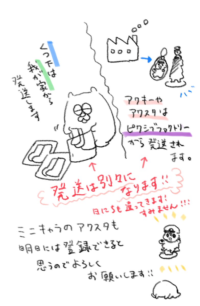 靴下と靴下以外のグッズ(アクキー、アクスタ)は発送場所が別々になってしまうので、一緒には届きません。送料もそれぞれかかりますので、その点ご注意下さい!すみません! 