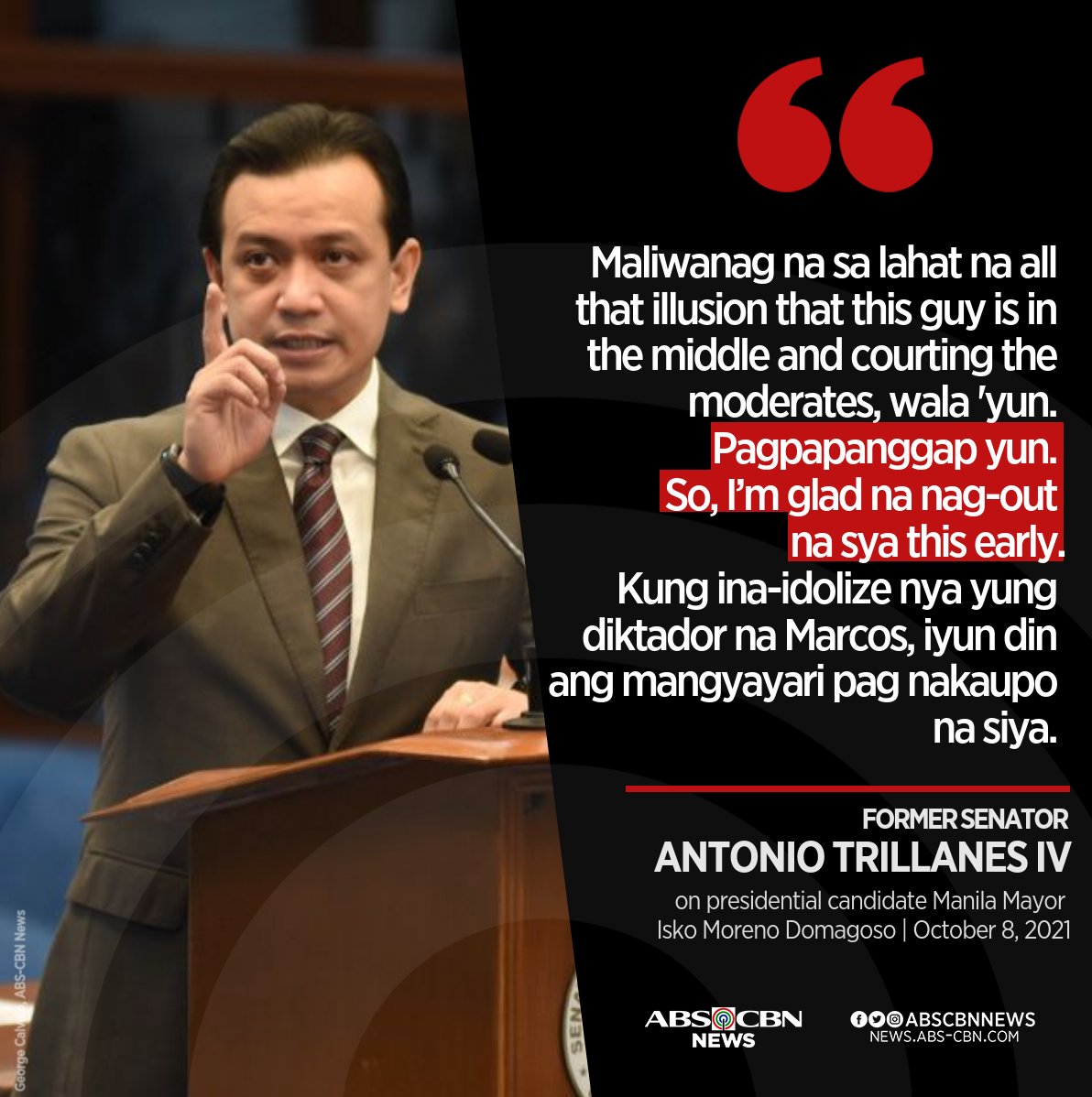 ABSCBNNews's tweet photo. Ex-senator Antonio Trillanes reacts to Manila Mayor Isko Moreno's criticisms vs VP Leni Robredo.

Unity talks between Moreno and Robredo, who both filed COCs for president, fell through allegedly due to differences on their stances on the Marcoses.

More: https://t.co/SkkliV7Vu3 https://t.co/x88hpZAxi6