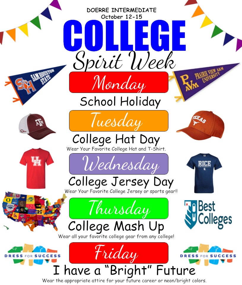DoerreCounselors (@doerrecounselor) on Twitter photo Next week is college week and we look forward to seeing all of the college representation! Enjoy your long weekend and we will see everyone on Tuesday. Remember to wear a college hat and t-shirt. <a href="/DoerreKISD/">Doerre Intermediate</a> Next week is college week and we look forward to seeing all of the college representation! Enjoy your long weekend and we will see everyone on Tuesday. Remember to wear a college hat and t-shirt. <a href="/DoerreKISD/">Doerre Intermediate</a>