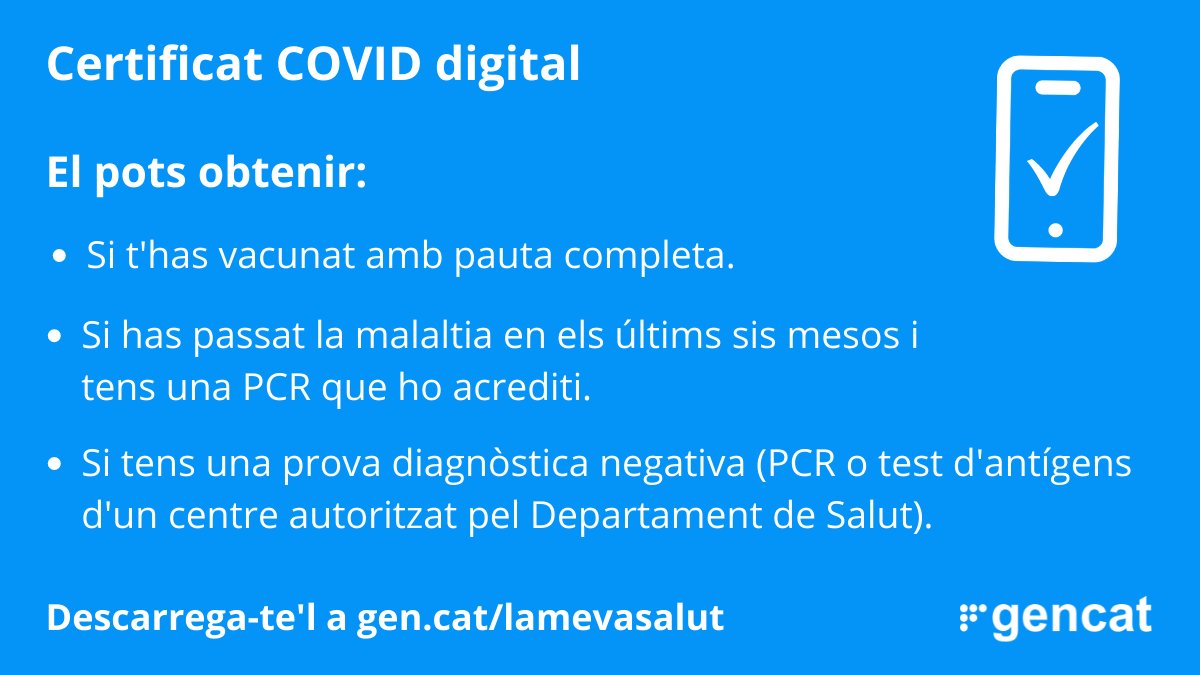 gencat's tweet photo. 🎵 Per accedir a #discoteques i bars musicals cal presentar el #CertificatCOVID digital.
Si no tens la pauta de vacunació completa ni has passat la malaltia els darrers 6 mesos, et pots fer una prova a un centre autoritzat per @salutcat.👉 https://t.co/C3cUgYKFTd https://t.co/dAVKVE7QjG