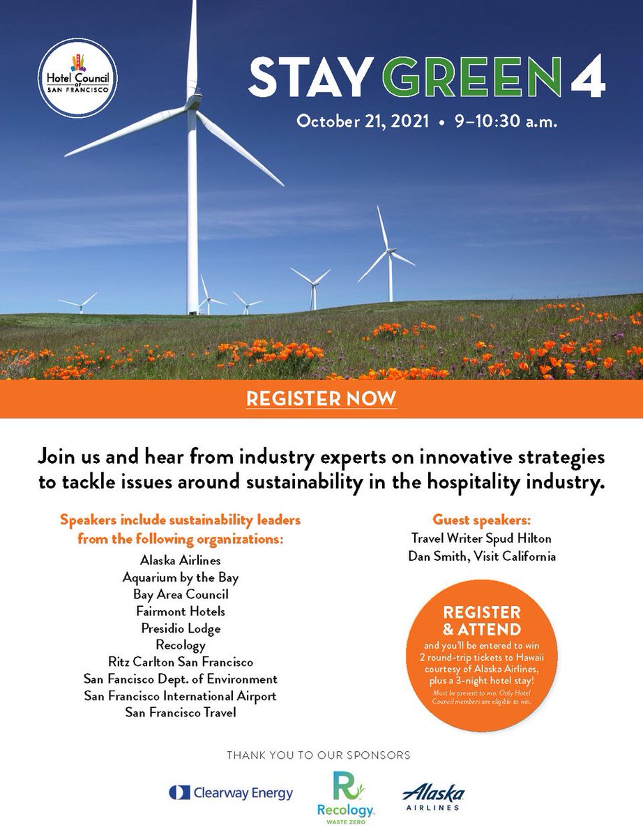 Thur, Oct 21 (9am-10:30am Pacific) don’t miss our FREE webinar “Stay Green 4. Industry leaders share insights &amp; best practices for sustainability &amp; green biz trends in hospitality. Special guests <a href="/SpudHilton/">Spud Hilton</a> &amp; Dan Smith <a href="/VisitCA/">Visit California</a> Registration link below. 

us02web.zoom.us/webinar/regist…