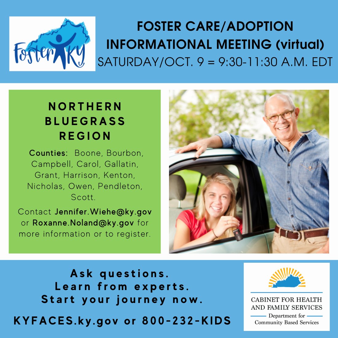 KyDCBS's tweet photo. Families in our Northern Bluegrass Service Region can learn more at tomorrow morning’s virtual foster care and adoption meeting. Register by emailing Jennifer.Wiehe@ky.gov or Roxanne.Noland@ky.gov. See counties listing. #fosterky #adoptky #TeamKentucky #NorthernBlue https://t.co/vIa004DN3V