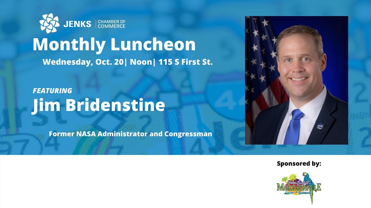 JenksChamber's tweet photo. Are you interested in #NASA and all things space?

Former NASA administrator Jim Bridenstine will be the featured speaker at our Oct. 20 #Luncheon.

Register by Oct. 18: https://t.co/EKeppKmTaf https://t.co/51A2us8JT3