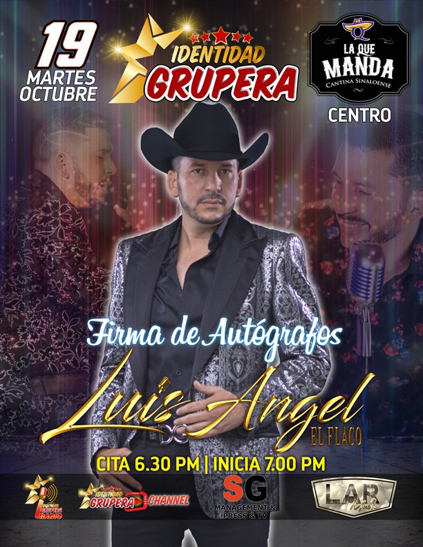 idgruperaofi's tweet photo. #IdentidadGrupera Tenemos nuestro próximo evento y nos vestimos de gala. Llega a IDENTIDAD GRUPERA @luisangelelfla en #FirmadeAutografos 
La cita es en @laquemanda_mx del CENTRO completamente GRATIS!! 
Un evento que no te puedes perder!!!
#Rt @Sergitogomez13 https://t.co/RIgH8q9CcF