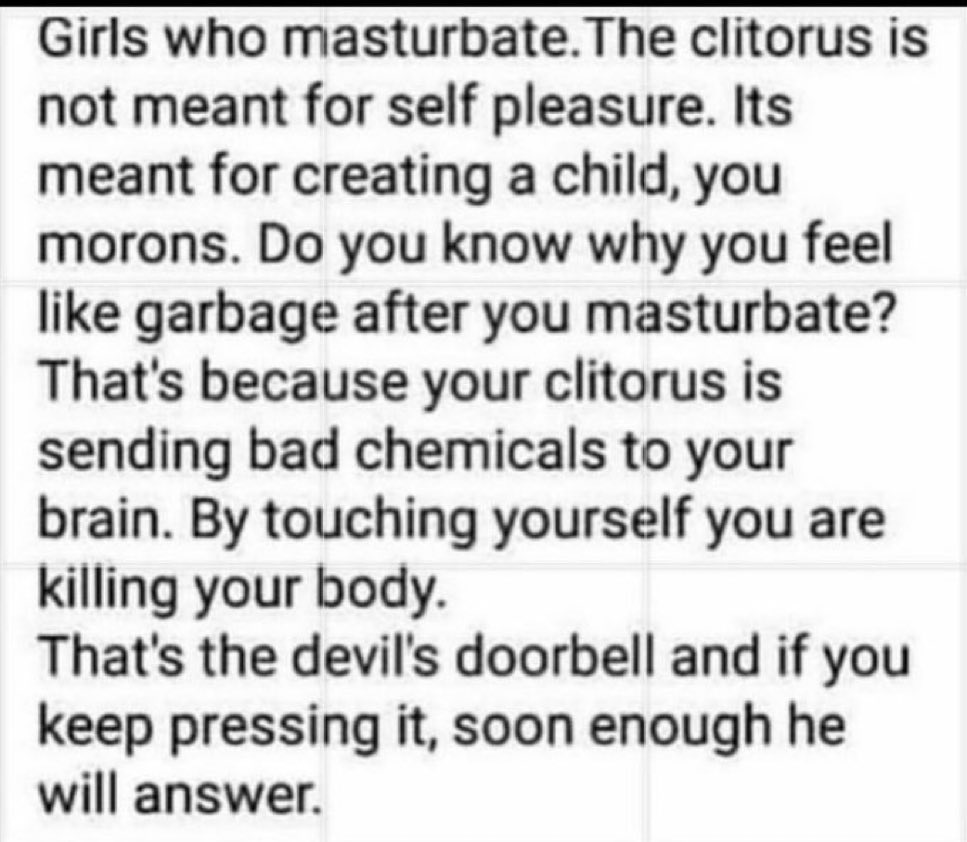 Bored_Iblis's tweet photo. Just a reminder the clitoris is the devils doorbell. https://t.co/CySdQt2ReO