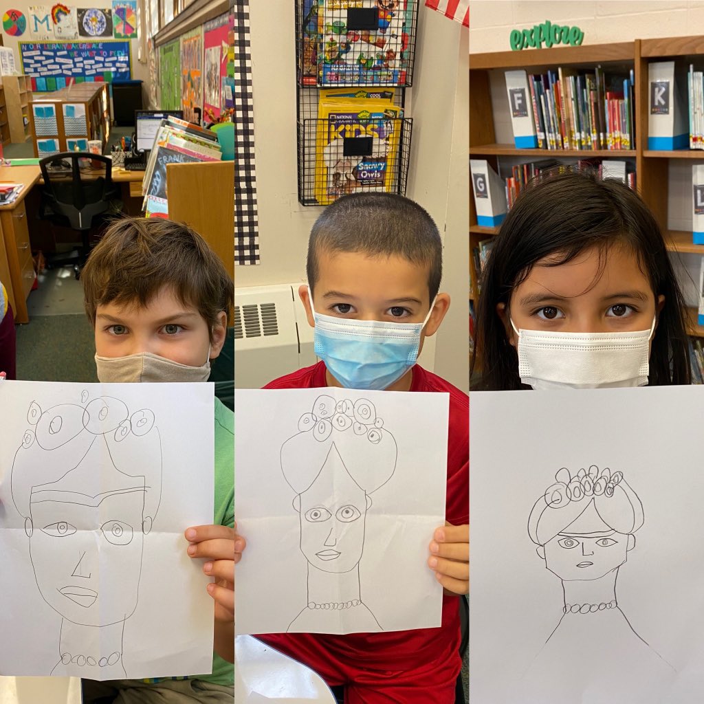 MrsLibraryMedia's tweet photo. For Hispanic Heritage Month 3rd graders learned about artist Frida Kahlo. They tried their hand at drawing some portraits of her. Check them out!  @MacdSchool @jukinsmacd @latamacd #macstem #HispanicHeritageMonth #mpslms #mpsct #Steam https://t.co/wqUCJCPYHh