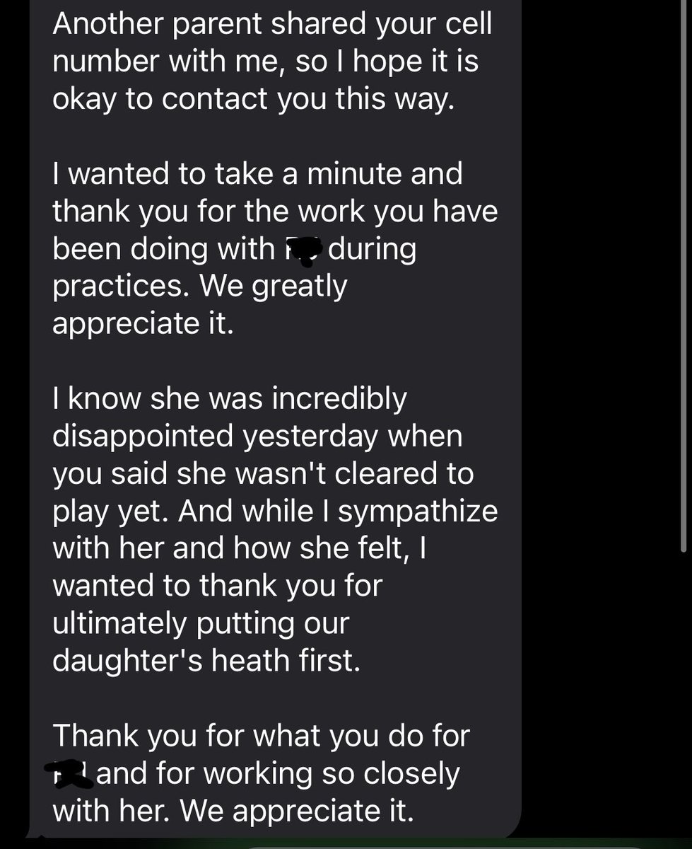 It’s been a hard week. There’s nothing more crushing than telling a high schooler that they aren’t quite ready to play in a game after an injury…but messages like this make it worth it.